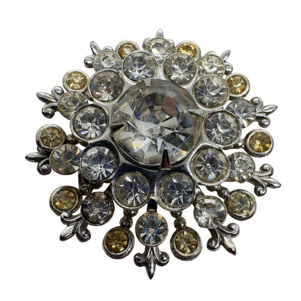 Vintage Coro Rhinestone Brooch Silver Tone Sunburst Amber Clear Crystal Pin